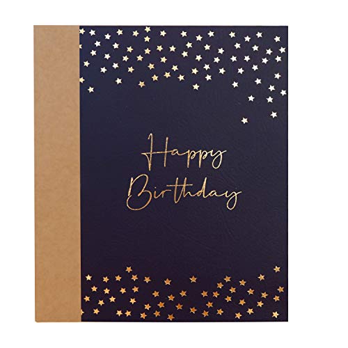 Birthday Card - Single Happy Birthday Greeting Card with Gold Foil Stars and Lettering on Textured Dark Blue Paper with Kraft Envelope - 5" x 7" - Blank Inside