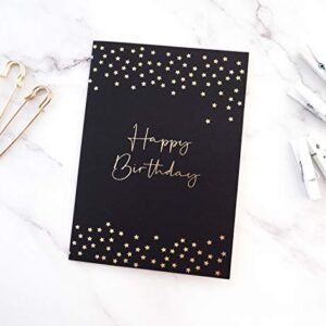 Birthday Card - Single Happy Birthday Greeting Card with Gold Foil Stars and Lettering on Textured Dark Blue Paper with Kraft Envelope - 5" x 7" - Blank Inside