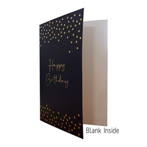 Birthday Card - Single Happy Birthday Greeting Card with Gold Foil Stars and Lettering on Textured Dark Blue Paper with Kraft Envelope - 5" x 7" - Blank Inside