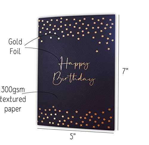 Birthday Card - Single Happy Birthday Greeting Card with Gold Foil Stars and Lettering on Textured Dark Blue Paper with Kraft Envelope - 5" x 7" - Blank Inside