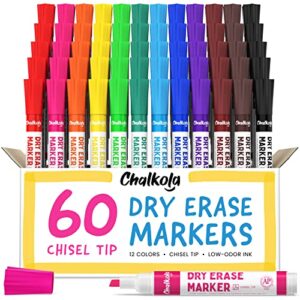 chalkola dry erase markers bulk pack of 60 (12 vibrant colors), chisel tip white board markers dry erase pens – whiteboard markers for kids, home, office supplies, back to school supplies