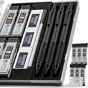 nicpro 0.7 mm mechanical pencils set with case, 3 metal artist pencil with 6 tube hb lead refills, 3 erasers, 9 eraser refills for architect art writing drafting drawing, engineering, sketching, black