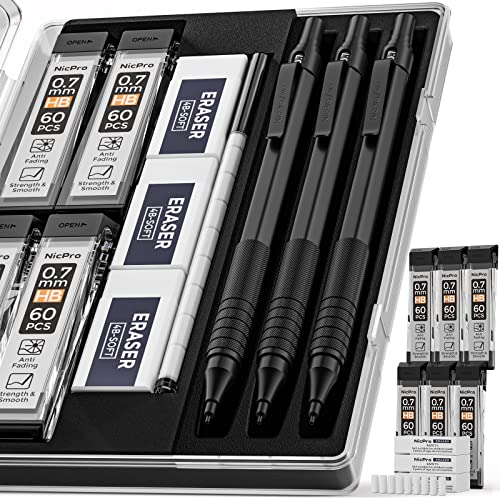 Nicpro 0.7 mm Mechanical Pencils Set with Case, 3 Metal Artist Pencil With 6 Tube HB Lead Refills, 3 Erasers, 9 Eraser Refills For Architect Art Writing Drafting Drawing, Engineering, Sketching, Black