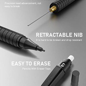 Nicpro 0.7 mm Mechanical Pencils Set with Case, 3 Metal Artist Pencil With 6 Tube HB Lead Refills, 3 Erasers, 9 Eraser Refills For Architect Art Writing Drafting Drawing, Engineering, Sketching, Black