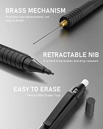 Nicpro 0.7 mm Mechanical Pencils Set with Case, 3 Metal Artist Pencil With 6 Tube HB Lead Refills, 3 Erasers, 9 Eraser Refills For Architect Art Writing Drafting Drawing, Engineering, Sketching, Black