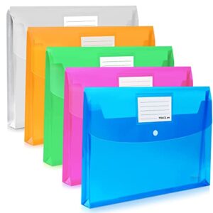 5 pack large-capacity colored transparent document folders/tfdlcg zm plastic envelope with snap closure/poly envelopes,a4 letter size(13″×9.5″)for school home office,assorted colors .