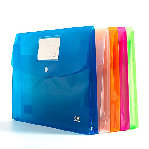 5 Pack Large-Capacity Colored Transparent Document Folders/TFDLCG zm Plastic Envelope with snap Closure/Poly Envelopes,A4 Letter Size(13"×9.5")for School Home Office,Assorted Colors .