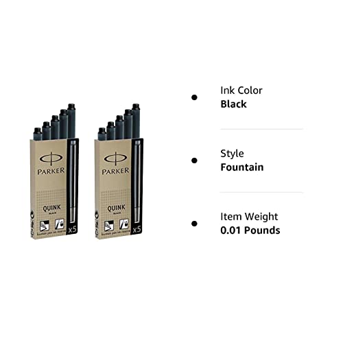 Parker Quink Permanent Ink Fountain Pen Refill Cartridges, 10 Black Ink Refills (3011031PP)