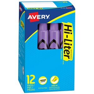 avery hi-liter desk-style highlighters, smear safe ink, chisel tip, 12 fluorescent purple highlighters (24060)