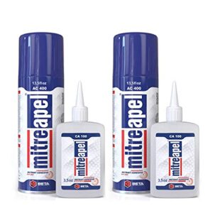 mitreapel ca glue with activator (2 x 3.5 oz – 2 x 13.5 fl oz), ca glue for woodworking, cyanoacrylate glue and activator for wood, plastic, metal, leather, ceramic and craft – instant bond – 2 pack