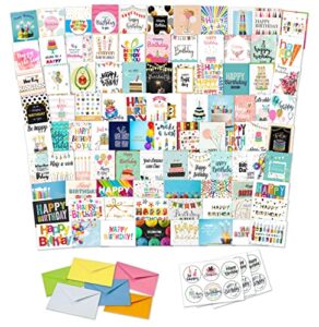 100 unique birthday cards assortment with greetings inside, gold foil printing, assorted color envelopes, 6 sticker designs to seal envelopes. 4×6 inch