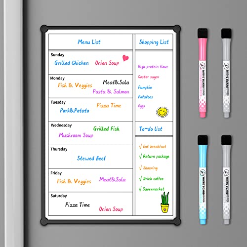 Magnetic Weekly Calendar for Fridge,12×8” Magnetic Fridge Calendar Refrigerator Calendar, Weekly Meal Planner Magnetic, Doubleside, Grocery List, Kitchen Menu Planner Board for Fridge/Locker, 4 Marker