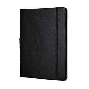 thick hardcover notebook/journal with a5 120gsm premium paper, college ruled bound with pen holder, black leather, 3 ribbon marker, inner pocket, 8.4 x 5.7 in