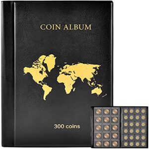 coin collection book holder album for collectors, 300 pockets coins display storage case, collecting sleeves organizer box for coin collections supplies, money currency, pennies, quarters – black