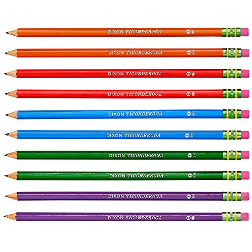 TICONDEROGA Pencils, Wood-Cased Graphite, #2 HB Soft, Pre-Sharpened, Assorted Color Barrels, Black Lead, 10-Pack (13932)