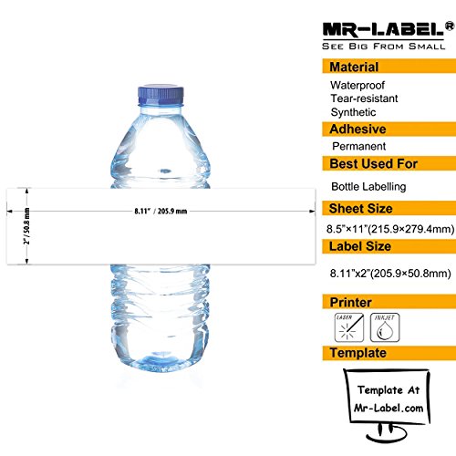 Mr-Label 8.11"×2" Waterproof Matte White Water Bottle Labels – for Inkjet/Laser Printer – Self-Adhesive Wraparound - for Wedding|Baby Shower|Corporate Event (10 Sheets Total 50 Labels)