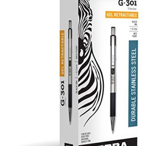 Zebra Pen G-301 Retractable Gel Ink Pen, Stainless Steel Barrel, Medium Point, 0.7mm, Black Ink, 12-Pack