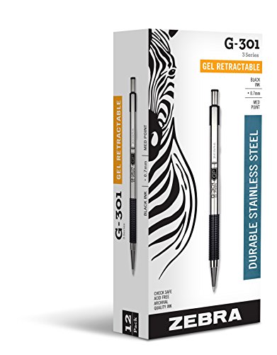 Zebra Pen G-301 Retractable Gel Ink Pen, Stainless Steel Barrel, Medium Point, 0.7mm, Black Ink, 12-Pack