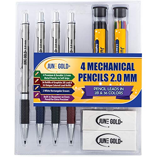 June Gold 4 Premium 2.0 mm 2B Mechanical Pencils, 36 Uniquely Colored Lead Refills, 36 2B Lead Refills, 2 Smudge Resistant Erasers, Built in Sharpeners & Soft Non-Slip Grip on Each Pencil