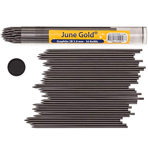 June Gold 4 Premium 2.0 mm 2B Mechanical Pencils, 36 Uniquely Colored Lead Refills, 36 2B Lead Refills, 2 Smudge Resistant Erasers, Built in Sharpeners & Soft Non-Slip Grip on Each Pencil