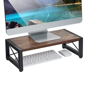 giikin vintage wood monitor stand riser, 17.7 inch desktop shelf storage organizer, ergonomic desk & tabletop organizer for laptop, computer, macbook, notebook, pc(dark brown)