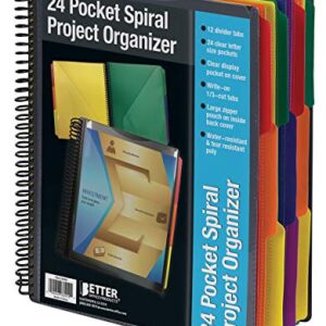 24 Pocket Poly Spiral Project Organizer, Heavy Duty, with Back Cover Utility Pouch, 1/3 Cut Tabs, 12 Tab Color Dividers, Clear View Front Cover, Letter Size, Project Folder, by Better Office Products