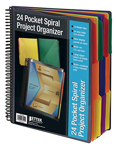 24 Pocket Poly Spiral Project Organizer, Heavy Duty, with Back Cover Utility Pouch, 1/3 Cut Tabs, 12 Tab Color Dividers, Clear View Front Cover, Letter Size, Project Folder, by Better Office Products