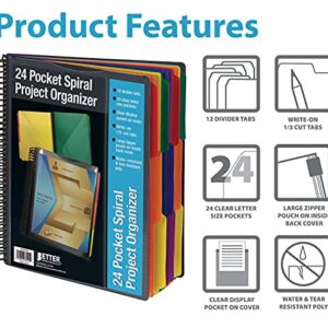 24 Pocket Poly Spiral Project Organizer, Heavy Duty, with Back Cover Utility Pouch, 1/3 Cut Tabs, 12 Tab Color Dividers, Clear View Front Cover, Letter Size, Project Folder, by Better Office Products