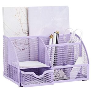 annova mesh desk organizer office with 7 compartments + drawer/desk tidy candy/pen holder/multifunctional organizer – light purple / lavender