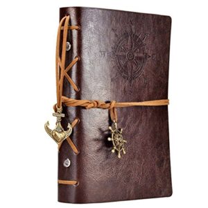 EvZ Leather Writing Journal Notebook, 7 Inches Vintage Nautical Spiral Blank String Diary Notepad Sketchbook Travel to Write in, Unlined Paper, Retro Pendants, Classic Embossed, Coffee