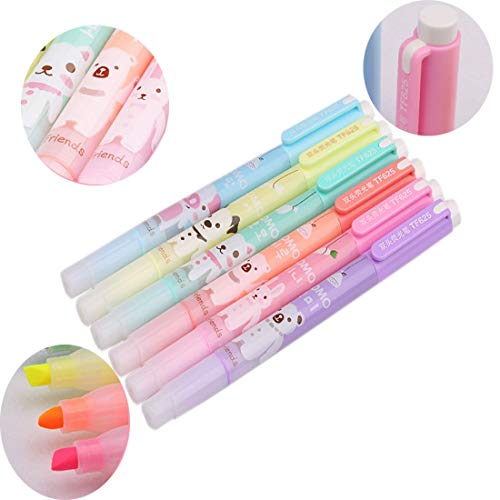 lotusflowert Pack of 6 Cute Kawaii Novelty Cartoon Colored Assorted Animals Double Highlighter Pen Office School Supplies Students Children Gift (Color May Vary)