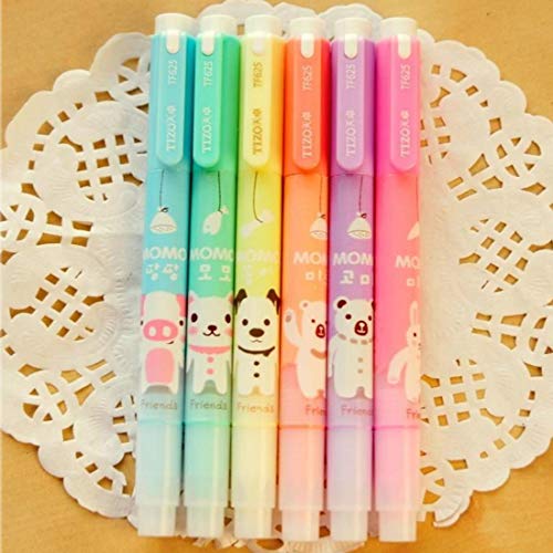 lotusflowert Pack of 6 Cute Kawaii Novelty Cartoon Colored Assorted Animals Double Highlighter Pen Office School Supplies Students Children Gift (Color May Vary)