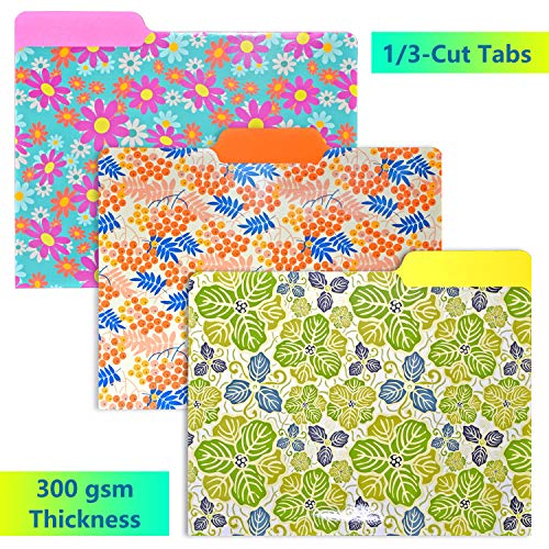 WOT I Decorative File Folders 12Packs, Cute File folders with 6 Cute Floral Design and 6 Solid Vibrant Colors, Two-Tone File Folders Letter Size, 1/3-Cut Tabs, 300gsm, File Folders Colored