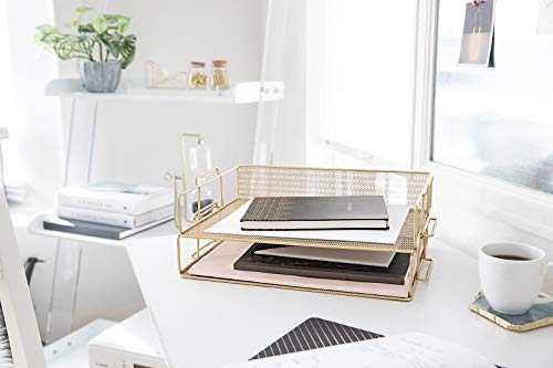 Blu Monaco Gold Desk Organizer Tray 2 Tier - Metal mesh Inbox Paper File Tray Office Supplies Stackable Desk Organizers and Accessories for Office Organization Desk Accessories & workspace Organizers