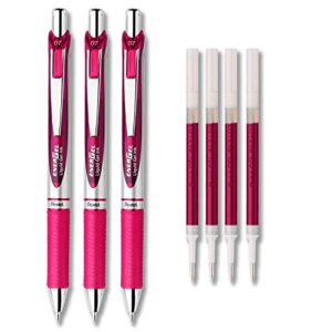 pentel energel deluxe rtx liquid gel ink pen set kit, pack of 3 with 4 refills (0.7mm) (pink)