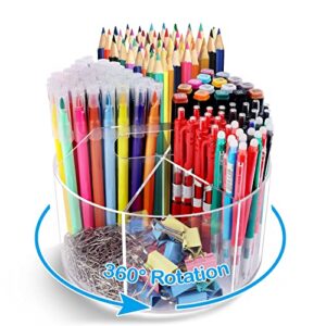 acrylic pen holder pencil organizer, 360-degree rotating pencil holder, crayon organizer for kids marker holder caddy organizer for desk, kids desk organizer for office home school art supply