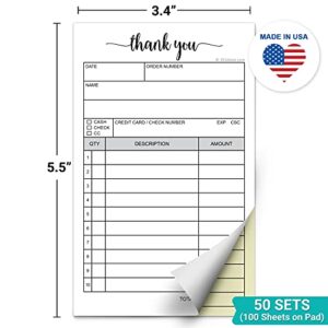 321Done Thank You Receipt Book, 3.4x5.5 Handheld 2-Part Carbonless, Made in USA, Carbon Duplicate Copy Sales Order Form, Invoice Pad, Cute Convenient for Small Boutique Business (50 Sets) White/Yellow