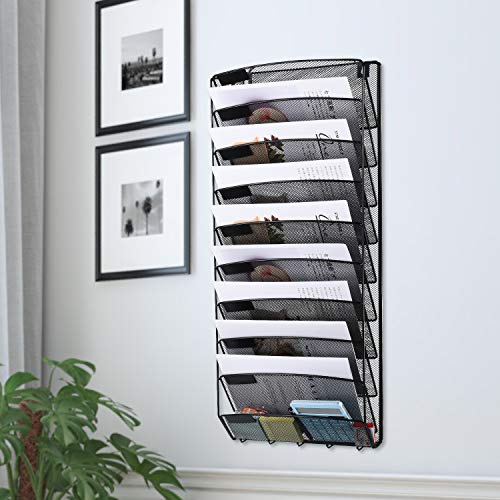 Samstar 10 Pocket Hanging Wall File Organizer Wall Mount Paper Folder Holder Letter Rack, Magazine Rack,Mesh Metal, Black.