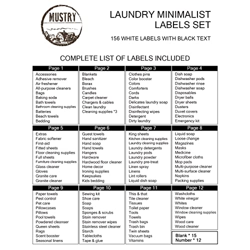 Mustry 156 Minimalist Laundry Labels for Jars Household Organization, Self-adhesive Stickers Easy to Peel Off and Reposition, Waterproof White Matte Stickers Include Reference Sheet for Quick Indexing