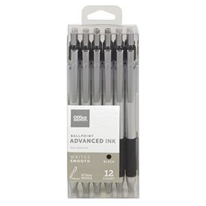 office depot advanced ink retractable ballpoint pens, needle point, 0.7 mm, silver barrel, black ink, pack of 12