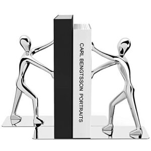 mroco decorative bookends heavy duty zinc alloy man book end, non-skid bookend, metal book ends for shelves, book support, book stopper for books, movies, magazines, video games, 7.28 x 6.1 in, silver