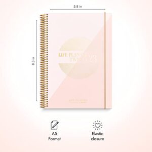 Burde Planner 2023 Life Planner Pink | 12 December 2022 - 7 January 2024 | Weekly & Monthly | 8.5x5.5" | Thick Paper | 142 Stickers Included