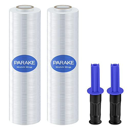 PARAKE 2-Pack Stretch Wrap Film, 15 Inch x 1000 Feet Shrink Wrap with Handles, Industrial Strength Plastic Wrap Roll, Heavy-Duty Shrink Film Roll, for Moving Storage Pallet Packing, 60 Gauge, Clear