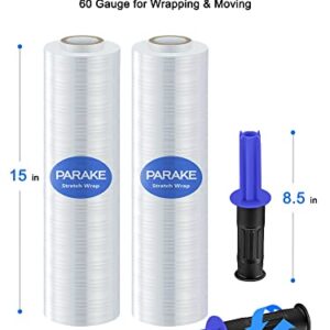 PARAKE 2-Pack Stretch Wrap Film, 15 Inch x 1000 Feet Shrink Wrap with Handles, Industrial Strength Plastic Wrap Roll, Heavy-Duty Shrink Film Roll, for Moving Storage Pallet Packing, 60 Gauge, Clear