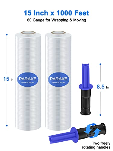 PARAKE 2-Pack Stretch Wrap Film, 15 Inch x 1000 Feet Shrink Wrap with Handles, Industrial Strength Plastic Wrap Roll, Heavy-Duty Shrink Film Roll, for Moving Storage Pallet Packing, 60 Gauge, Clear