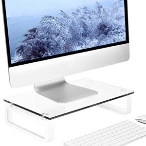 hemudu clear computer monitor stand riser multi media desktop stand for flat screen lcd led tv, laptop/notebook, with tempered glass and metal legs, hd02t-001