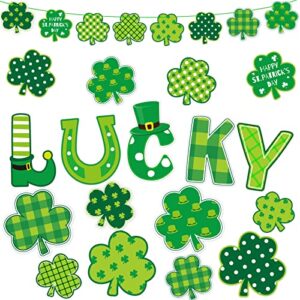 77pcs st. patrick’s day shamrock cutouts decorations green lucky irish paper clover cut-outs includes glue points and rope for classroom bulletin board game party supplies
