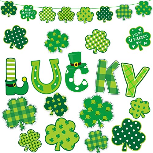 77Pcs St. Patrick's Day Shamrock Cutouts Decorations Green Lucky Irish Paper Clover Cut-Outs Includes Glue Points and Rope for Classroom Bulletin Board Game Party Supplies