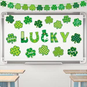 77Pcs St. Patrick's Day Shamrock Cutouts Decorations Green Lucky Irish Paper Clover Cut-Outs Includes Glue Points and Rope for Classroom Bulletin Board Game Party Supplies