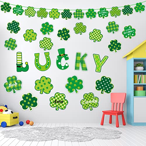 77Pcs St. Patrick's Day Shamrock Cutouts Decorations Green Lucky Irish Paper Clover Cut-Outs Includes Glue Points and Rope for Classroom Bulletin Board Game Party Supplies